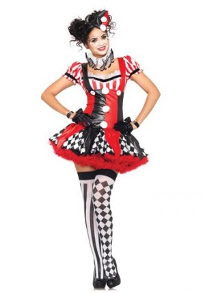 Women's 3 Piece Harlequin Clown Suspender Dress with Ruffle Neck Piece And Hat, Black/Red, Large