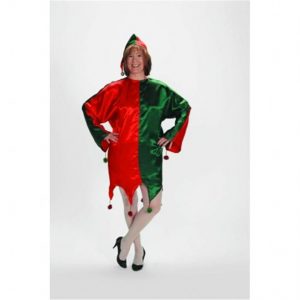 Green and Red Satin Jingle Christmas Elf Adult Costume OS