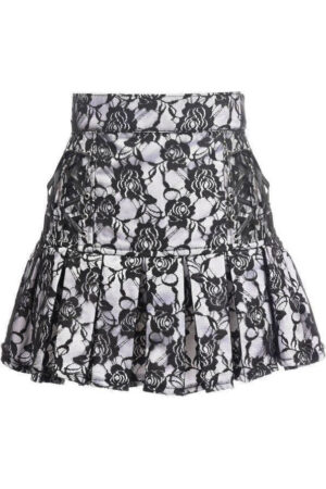 White Satin W/Black Lace Overlay Lace-Up Skirt-5X