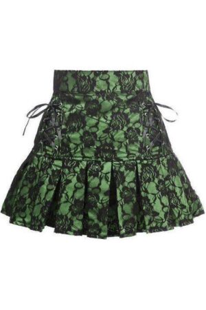 Green Satin W/Black lace Overlay Lace-Up Skirt-5X