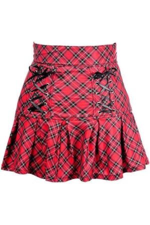 Red Plaid Lace-Up Stretch Lycra Skirt-5X