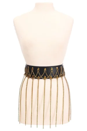 Black Faux Leather & Gold Metallic Chain Fringe Skirt-2X